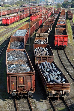 Iron and steel scrap being delivered by rail to the steelworks of HKM Huettenwerke Krupp Mannesmann, Duisburg, North Rhine-Westphalia, Germany, Europe, PublicGround