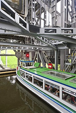 Steel construction with a boat, Niederfinow boat lift, Brandenburg, Germany, Europe