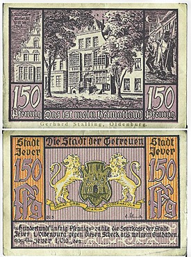 Promissory note, front and back, to the value of 150 pfennig from the savings bank of the city of Oldenburg, Jever