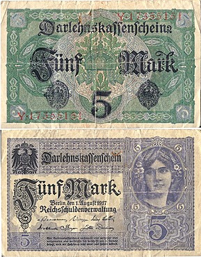 Coupon, front and rear, credit unions bill in the amount of 5 marks, circa 1917, National Debt Office of Germany, Reichsschuldenverwaltung