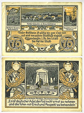 Voucher from the city treasurer's office Stadtkasse Braunschweig to the value of 75 Pfennig, front and rear, circa 1921