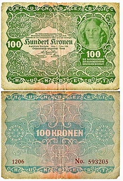 Old banknote, front and rear, 100 kronen, Austro-Hungarian Bank, circa 1922