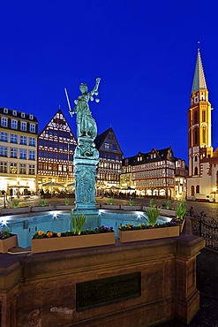 Roemerberg square with the Fountain of Justice or Justitia Fountain with a bronze statue of Justitia in front of St. Nicholas Church, Roemer, Frankfurt am Main, Hesse, Germany, Europe, PublicGround