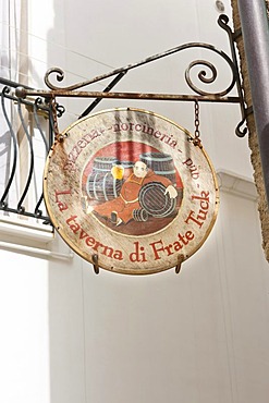 Hanging sign outside a restaurant in Polignano a Mare, Puglia, Apulia, Southern Italy, Italy, Europe