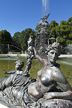 Sculpture on the Fama Fountain at Schloss Herrenchiemsee Palace, Herreninsel island, Chiemgau, Upper Bavaria, Germany, Europe