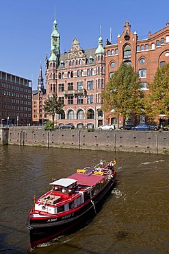 Boat, Speicherstadt, warehouse district, Hamburg, Germany, Europe