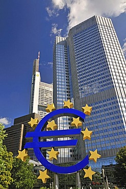 Euro sign, currency symbol, European Central Bank, ECB, Frankfurt am Main, Hesse, Germany, Europe, PublicGround