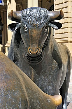 Bear and bull, symbols of the stock market, sculptures, Boersenplatz street, Frankfurt, Hesse, Germany, Europe