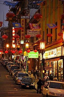 Street with lanterns in Chinatown at night, San Francisco, California, USA, PublicGround