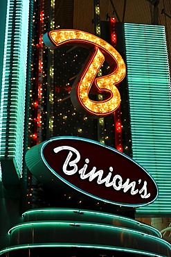 Neon logo of Binion's Horseshoe Gambling Hotel and Casino, Fremont Casino, downtown Las Vegas, Nevada, United States of America, USA, PublicGround