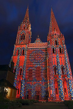 Notre-Dame de Chartres, Chartres Cathedral, Royal Portal, illuminated from April until September nightly at dusk, Chartres, Eure-et-Loir, France, Europe, PublicGround