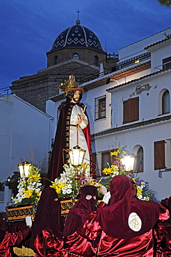 Christ figure, masked carriers in red hoods, Easter procession, Altea, Alicante, Spain, Europe