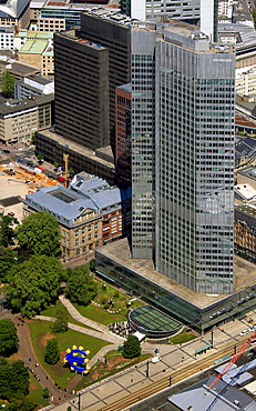 Aerial view, European Central Bank, ECB, Eurotower, euro sign, Deutsche Bank, Europabank, Frankfurt am Main, Hesse, Germany, Europe