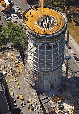 Aerial view, office building built on a bomb shelter, Exzenterhaus building, a former bunker, Universitaetsstrasse street, Bochum, Ruhr area, North Rhine-Westphalia, Germany, Europe