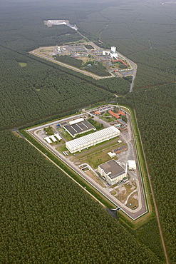 Aerial view, nuclear castor storage, nuclear repository, nuclear disposal facility, a former salt mine, Elbe, Luechow-Dannenberg, Lower Saxony, Germany, Europe