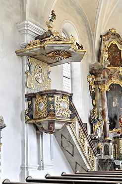 Pulpit, Church of the Assumption of Mary, first mentioned in 1179, Bad Koetzting, Bavaria, Germany, Europe