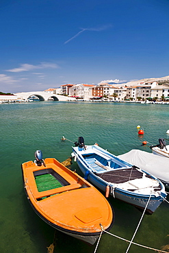 Boats tied to a jetty in the port of Pag, Pag Island, Zadar, Dalmatia, Croatia, Europe