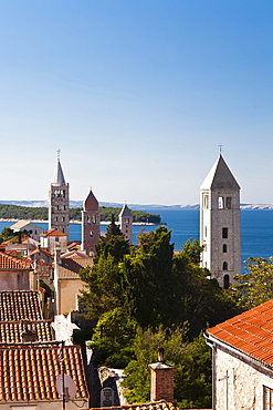 View towards the four bell towers of the town of Rab, Rab Island, Primorje-Gorski Kotar, Croatia, Europe