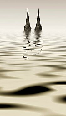 Cologne Cathedral covered by a flood, photomontage, symbolic image, Cologne, North Rhine-Westphalia, Germany, Europe