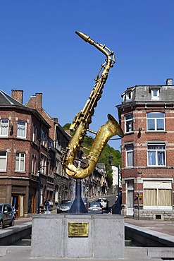 Saxophone as a memorial to its inventor Adolphe Sax, Dinant, Namur, Wallonia, Belgium, Europe