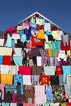 House made from colorful clothes, art installation by Loreta Visic-Washuis, CABANES 2011, Chateau de Seneffe castle, Seneffe, Hainaut province, Wallonia, Belgium, Europe