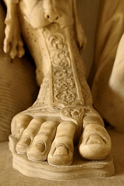 Marble foot wearing a sandal, partial view of a statue in the Capitoline Museum, Rome, Lazio region, Italy, Europe