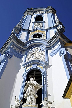 Blue steeple of the abbey church, Augustinian monastery, Duernstein Abbey, Wachau Cultural Landscape, a UNESCO World Heritage site, Lower Austria, Austria, Europe