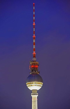 Night view, TV tower, spire and antenna systems, Mitte district, Berlin, Germany, Europe