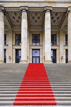 Red carpet on the step leading up to the Konzerthaus, concert hall, building by Schinkel, Gendarmenmarkt square, Mitte quarter, Berlin, Germany, Europe, PublicGround