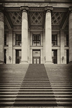 Black and white image, sepia-toned, front facade of the Konzerthaus concert hall, designed by Karl Friedrich Schinkel, Gendarmenmarkt square, Mitte district, Berlin, Germany, Europe, PublicGround