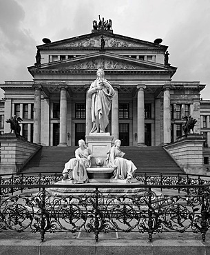 Black and white image, statue of Friedrich Schiller in front of the Konzerthaus concert hall, designed by Karl Friedrich Schinkel, Gendarmenmarkt square, Mitte district, Berlin, Germany, Europe, PublicGround