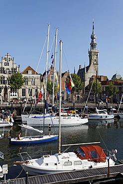 Marina and tower of the town hall, historic town of Veere, Walcheren, Zeeland, Netherlands, Europe