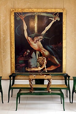 Lounge with a painting of the crucifixion, Ernst Fuchs Museum, former mansion of architect Otto Wagner, Vienna, Austria, Europe