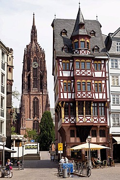 Frankfurt Cathedral St. Bartholomaeus and half-timbered houses, Roemerberg square, Frankfurt am Main, Hesse, Germany, Europe