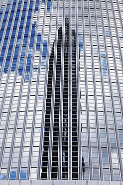 Reflection of Messeturm exhibition tower in facade of Pollux Tower, Friedrich-Ebert-Anlage, Frankfurt am Main, Hesse, Germany, Europe