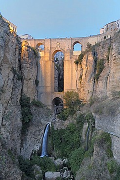 Guadalevin River and waterfall, Puente Nuevo, El Tajo Gorge, Ronda, Malaga Province, Andalusia, Spain, Europe