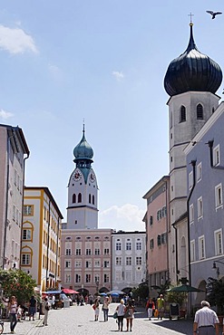 St. Nikolaus Kirche church, left, and Heilig-Geist-Kirche church, right, Heilig-Geist Strasse street, Rosenheim, Upper Bavaria, Bavaria, Germany, Europe, PublicGround