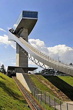 The 50-meter high tower of the ski-jump, called Bergiselschanze, above the city of Innsbruck, Tyrol, Austria, Europe