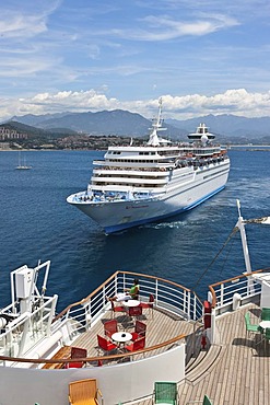 Cruise ship approaching the port of Corsica, Corsica, France, Europe - Attention: Restricted right of use! Please ALWAYS contact the press office before publishing this picture: AIDA Cruises, Am Strande 3d, 18055 Rostock, Germany, +49 (0) 381 / 444-8021, 