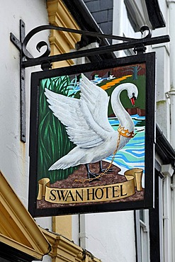 Hotel sign, Swan Hotel, 9 Molesworth Street, Wadebridge, Cornwall, England, United Kingdom, Europe