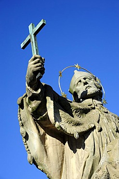 Saint with cross, statue of St. John of Nepomuk, Alte Mainbruecke bridge, Wuerzburg, Lower Franconia, Bavaria, Germany, Europe