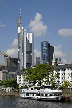 Commerzbank tower and Main Tower, Main river, Frankfurt am Main, Hesse, Germany, Europe