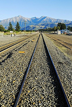 Rails of the railway line TranzAlpine, Trans Alpine of Kiwi Rail, running through the Southern Alps between Christchurch and Greymouth, South Island, New Zealand