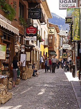 Street with souvenir shops in the mountain village of Fuente De, Picos de Europa National Park, Cantabria, northern Spain, Europe