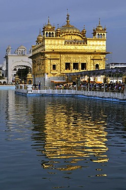 Sikh sanctuary Harmandir Sahib or Golden Temple in the Amrit Sagar, lake of nectar, Amritsar, Punjab, North India, India, Asia