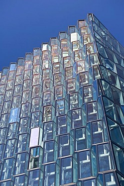 Honeycomb windows, facade of the Harpa concert hall, new landmark of Reykjavik, Iceland, Europe