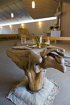 Baptismal font made of driftwood, new church of Tasiilaq or Ammassalik, East Greenland, Greenland