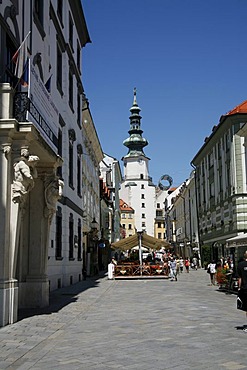 Old town and Michael's Gate city gate in Bratislava, Slovakia, Europe