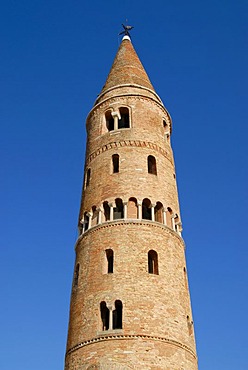 Round steeple, Romanesque belfry or bell tower, Catholic Cathedral of St. Stephen, Caorle, Venice Province, Veneto, Italy, Europe