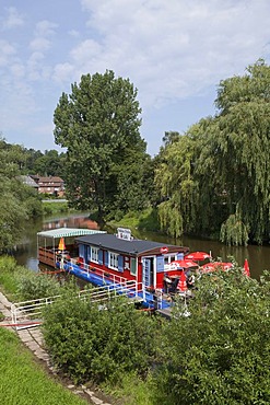 House boat cafe, Jeetzel, Hitzacker, Lower Saxony, Germany, Europe, PublicGround